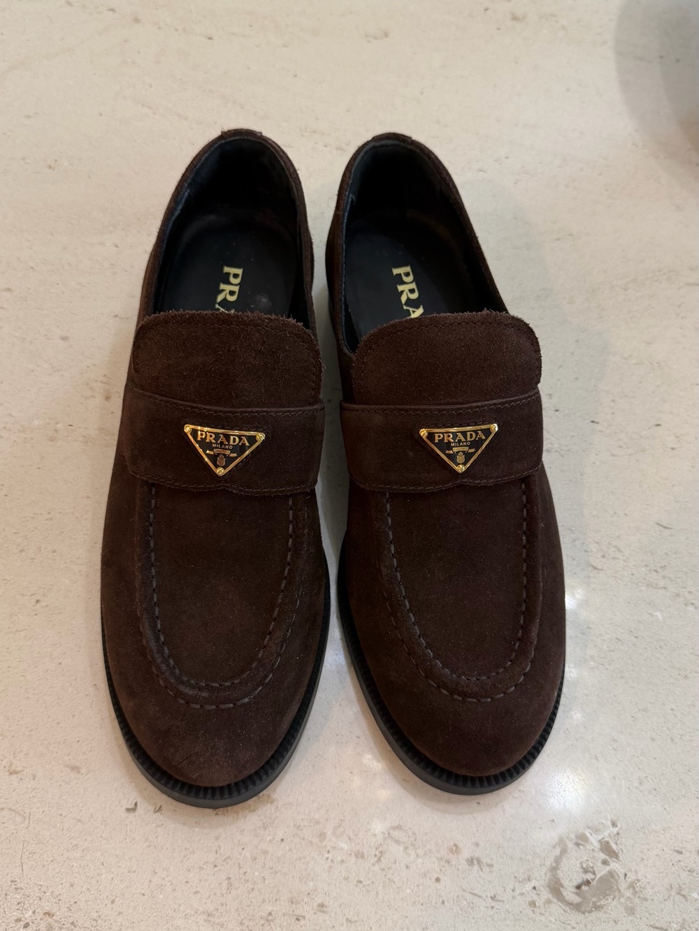 Prada Brown Suede Penny Loafers with Gold Triangle Logo
